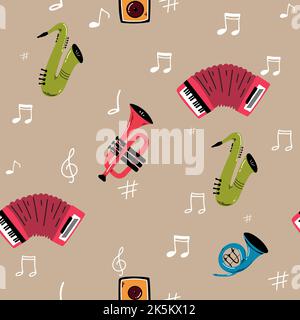 Pattern senza cuciture modello musicale vettoriale con strumenti musicali . Sfondo disegnato a mano. Ideale per tessuti, carta da imballaggio, sfondi Illustrazione Vettoriale