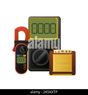 Attrezzi per elettricista. Riparazione di apparecchiature radio elettroniche e a microprocessore. Componenti di ricambio e assistenza. Isolato su sfondo bianco Illustrazione Vettoriale