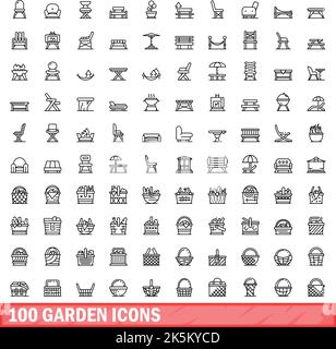 100 icone giardino impostate. Illustrazione del contorno di 100 icone del giardino insieme vettoriale isolato su sfondo bianco Illustrazione Vettoriale