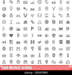100 icone musicali impostate. Illustrazione di 100 icone musicali set vettoriale isolato su sfondo bianco Illustrazione Vettoriale