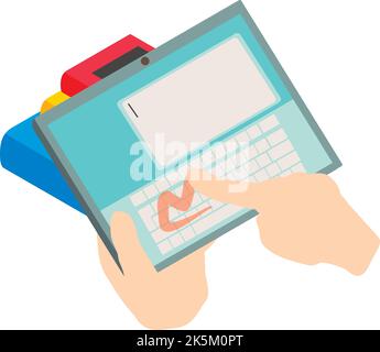 Vettore isometrico dell'icona di educazione a distanza. Tablet in mano umana, sfondo del libro. Tecnologia moderna nell'istruzione Illustrazione Vettoriale