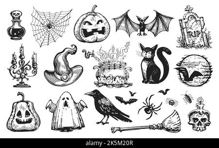 Concetto di Halloween. Collezione di elementi per le vacanze. Disegno dell'illustrazione vintage Foto Stock