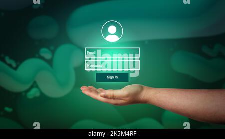 Mano donna che mostra l'interfaccia VR del login. Accesso sicuro alle informazioni personali dell'utente. Accedi con nome utente e password. Sicurezza informatica. Foto Stock