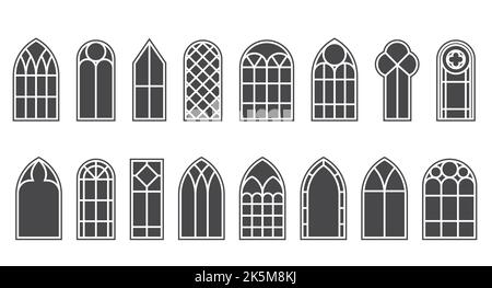 Chiesa medievale finestre set. Elementi architettonici di vecchio stile gotico. Illustrazione del glifo vettoriale su sfondo bianco. Illustrazione Vettoriale