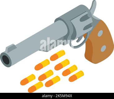 Vettore isometrico dell'icona occidentale selvaggia. Revolver retrò realistico e proiettile volante. Simbolo del selvaggio West Illustrazione Vettoriale