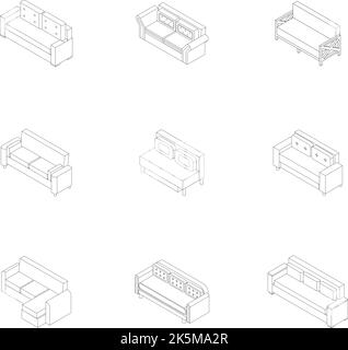 Set di icone divano. Set isometrico di icone vettoriali per divani che delineano sottili lne isolate sul bianco Illustrazione Vettoriale