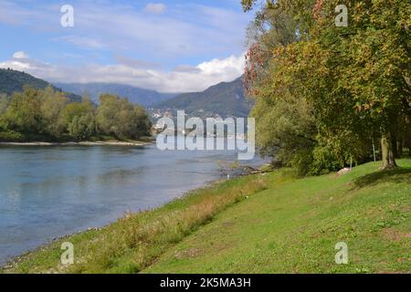 Bel paesaggio estivo del fiume Adda ampio corso con montagne e grande parco verde boscoso. Sullo sfondo la città sulla collina. Foto Stock