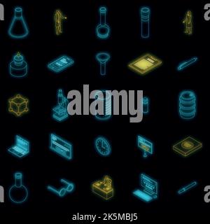 Set di icone per esperimenti di laboratorio chimico. Set isometrico di icone vettoriali per esperimenti chimici di laboratorio colore neon nero Illustrazione Vettoriale