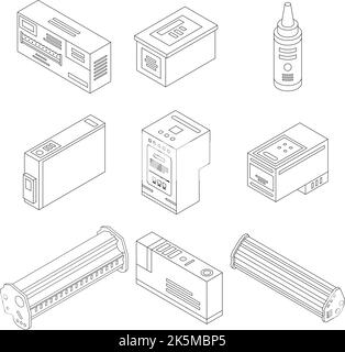 Icone delle cartucce impostate. Il set isometrico di icone vettoriali delle cartucce presenta un profilo sottile isolato su bianco Illustrazione Vettoriale