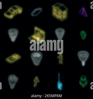 Set di icone Tornado. Set isometrico di icone vettoriali tornado di colore neon nero Illustrazione Vettoriale