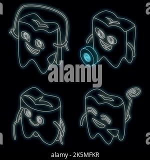 Set di icone di filo interdentale. Set isometrico di icone vettoriali al neon di colore nero Illustrazione Vettoriale