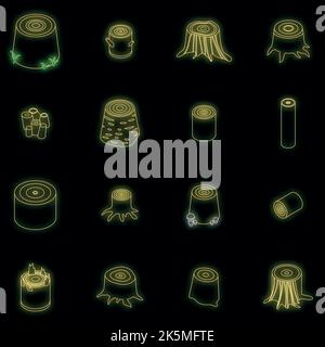 Set di icone dell'albero dei ceppi. Insieme isometrico di icone vettoriali albero dei ceppi colore neon su nero Illustrazione Vettoriale