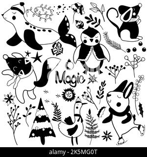 Bianco e nero Magic inverno animali, coniglio carino, volpe divertente, pinguino, foca artica, foglie e fiori invernali. Animali Scandinavia. Perfetto per biglietti d'auguri, poster, cartoline, striscioni. Vettore Illustrazione Vettoriale