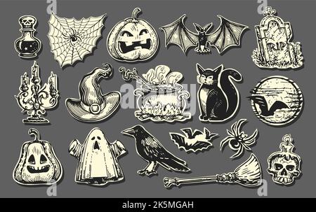 Concetto di Halloween, collezione di simboli o etichette. Carino e spaventoso set di badge retrò. Illustrazione vettoriale di schizzo vintage Illustrazione Vettoriale