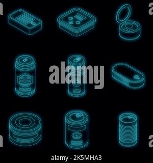 Tin può icone set. Set isometrico di TiN può vettore icone colore neon nero Illustrazione Vettoriale