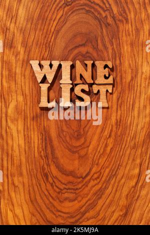 Lista dei Vini - testo in lettere di legno Foto Stock