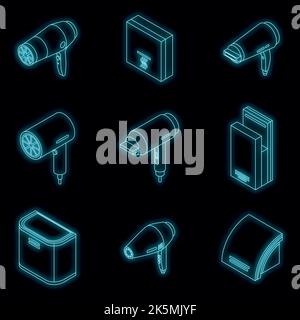 Icone dell'essiccatore impostate. Serie isometrica di icone vettoriali dell'essiccatore colore al neon nero Illustrazione Vettoriale
