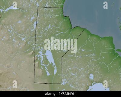 Manitoba, provincia del Canada. Mappa dell'altitudine colorata in stile wiki con laghi e fiumi Foto Stock