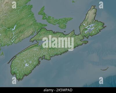 Nova Scotia, provincia del Canada. Mappa dell'altitudine colorata in stile wiki con laghi e fiumi Foto Stock