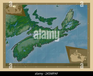 Nova Scotia, provincia del Canada. Mappa di altitudine colorata con laghi e fiumi. Mappe delle posizioni ausiliarie degli angoli Foto Stock