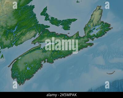 Nova Scotia, provincia del Canada. Mappa di altitudine colorata con laghi e fiumi Foto Stock