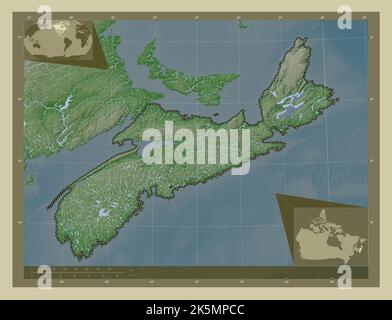 Nova Scotia, provincia del Canada. Mappa dell'altitudine colorata in stile wiki con laghi e fiumi. Mappe delle posizioni ausiliarie degli angoli Foto Stock