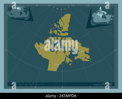 Nunavut, territorio del Canada. Forma a tinta unita. Località e nomi delle principali città della regione. Mappe delle posizioni ausiliarie degli angoli Foto Stock