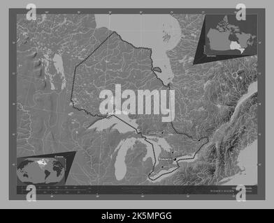 Ontario, provincia del Canada. Mappa altimetrica bilivello con laghi e fiumi. Località e nomi delle principali città della regione. Posizione ausiliaria ad angolo Foto Stock