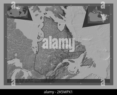 Quebec, provincia del Canada. Mappa altimetrica bilivello con laghi e fiumi. Mappe delle posizioni ausiliarie degli angoli Foto Stock