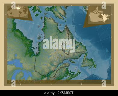 Quebec, provincia del Canada. Mappa di altitudine colorata con laghi e fiumi. Mappe delle posizioni ausiliarie degli angoli Foto Stock