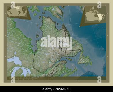 Quebec, provincia del Canada. Mappa dell'altitudine colorata in stile wiki con laghi e fiumi. Mappe delle posizioni ausiliarie degli angoli Foto Stock