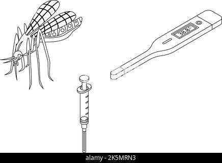Zika virus icone set. Insieme isometrico di icone vettoriali del virus zika delineano lne sottile isolato su bianco Illustrazione Vettoriale