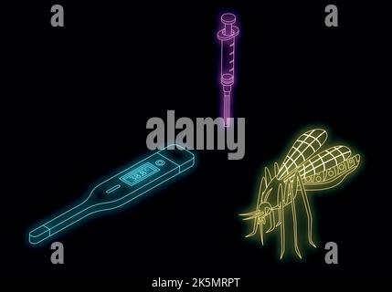Zika virus icone set. Set isometrico di icone vettoriali zika virus colore neon nero Illustrazione Vettoriale