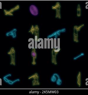 Set di icone sportive. Set isometrico di icone vettoriali sportive al neon colore nero Illustrazione Vettoriale