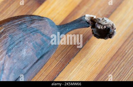 Vecchia banana nera su una tavola di bambù di legno. Macro foto di una banana guastata. Foto Stock