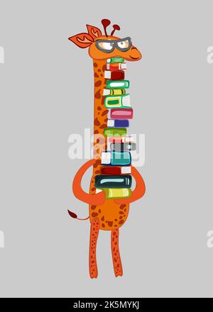 Illustrazione vettoriale di una giraffa cartoon che contiene una grande pila di libri Illustrazione Vettoriale