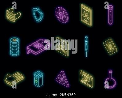 Set di icone di rischio biologico. Set isometrico di icone vettoriali a rischio biologico di colore neon nero Illustrazione Vettoriale
