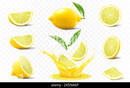 Set di limone maturo. Una metà intera e delle fette di limone cadono nel succo fresco. Rappresentazione realistica del vettore 3D, isolata su sfondo trasparente. Illustrazione Vettoriale