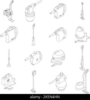 Icone del pulitore a vapore impostate. Il set isometrico di icone vettoriali del pulitore a vapore delineano un sottile lne isolato su bianco Illustrazione Vettoriale