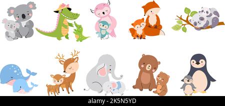 Cute madre e cuccioli animali insieme. Elefanti mommy, koala e orso. Cuccioli divertenti abbracciano le madri, cartoni animati genitori animali selvatici oggi fauna vettoriale Illustrazione Vettoriale