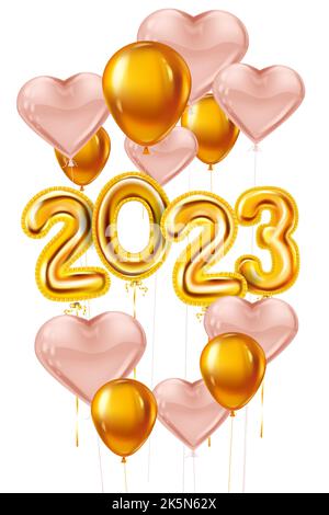 Palloncini a cuore rosa Felice anno nuovo 2023, numeri di foglio d'oro, palloncini in oro bianco Illustrazione Vettoriale