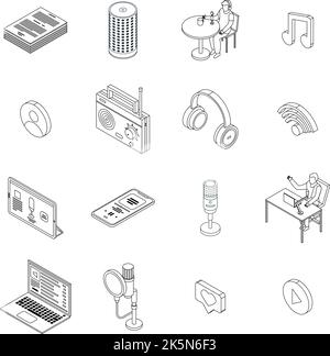 Icone podcast impostate. Insieme isometrico di icone vettoriali podcast contorni sottile lne isolato su bianco Illustrazione Vettoriale