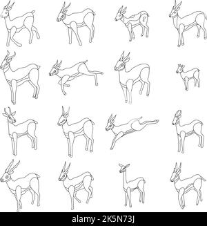 Set di icone gazzelle. Insieme isometrico di icone vettoriali gazelle delineano lne sottile isolato su bianco Illustrazione Vettoriale