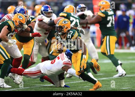 Aaron Jones dei Green Bay Packers in azione durante la partita internazionale della NFL al Tottenham Hotspur Stadium, Londra. Data immagine: Domenica 9 ottobre 2022. Foto Stock