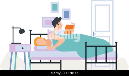 Coppia di routine quotidiana. Attività quotidiane. Ragazzo e ragazza che vivono insieme. Persone sdraiate sul letto. Uomo che legge libro. Donna che dorme sotto la coperta. Camera da letto Illustrazione Vettoriale