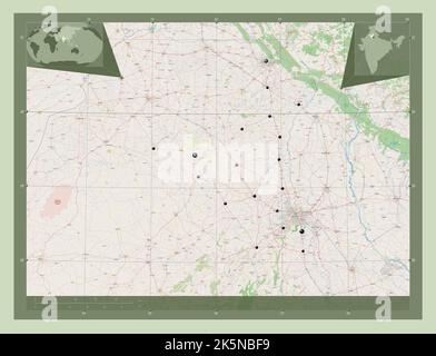 Haryana, stato dell'India. Aprire la mappa stradale. Posizioni delle principali città della regione. Mappe delle posizioni ausiliarie degli angoli Foto Stock