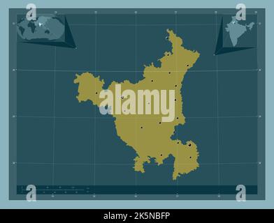 Haryana, stato dell'India. Forma a tinta unita. Posizioni delle principali città della regione. Mappe delle posizioni ausiliarie degli angoli Foto Stock