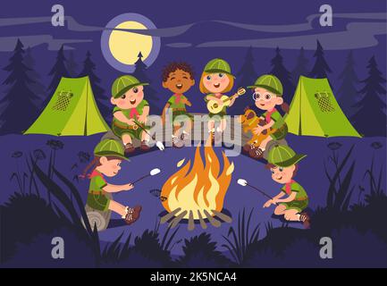 Fuoco notturno turistico. I bambini arrostire il fuoco di marshmallow. Giovani scout sulla natura. Le riunioni della foresta si siedono intorno al falò. Vacanza per bambini. Gli adolescenti cantano Illustrazione Vettoriale