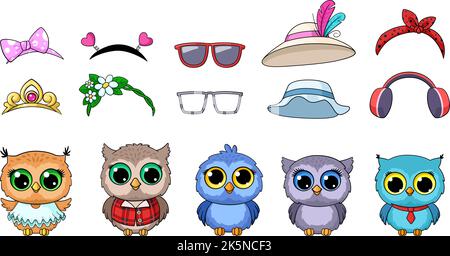 Cartoni animati gufi carini, gufi selvaggi volti divertenti e accessori eleganti. Cappelli, occhiali da sole, arco e corona. Vesti uccellino vettore giochi per bambini Illustrazione Vettoriale