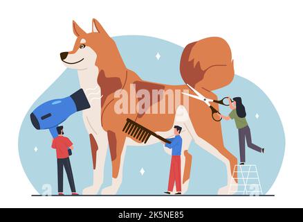 Cura degli animali domestici. Cane grande con persone piccole, groomers tenere forbici, pettine e asciugacapelli, igiene e la cura degli animali, bellezza professionale per il cucciolo, oggi Illustrazione Vettoriale